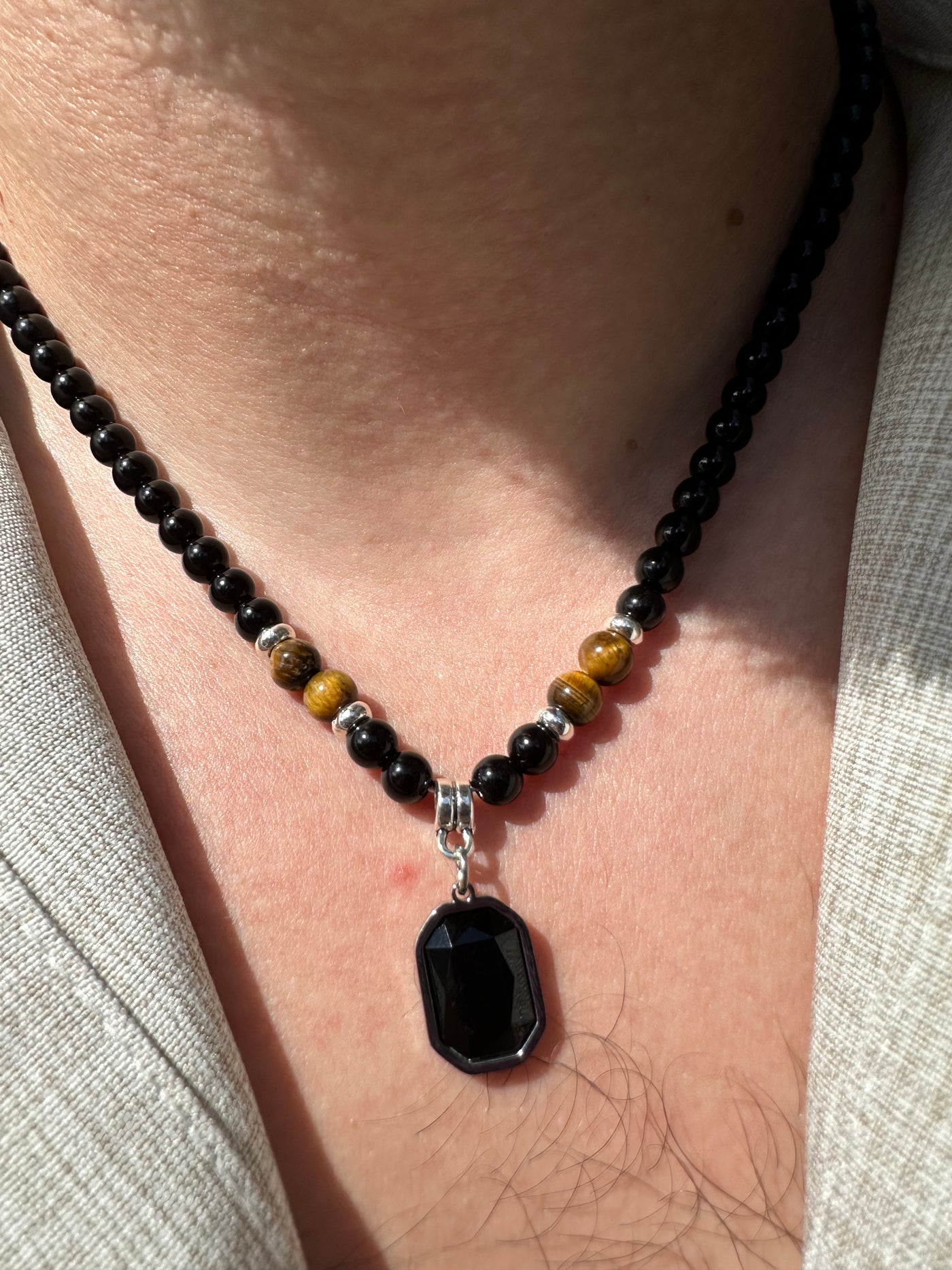 Tiger's Eye & Obsidian Beaded Pendant Necklace