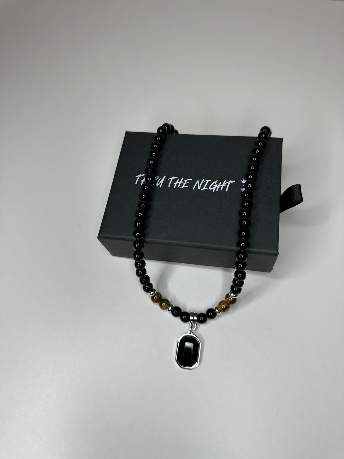 Tiger's Eye & Obsidian Beaded Pendant Necklace