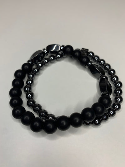 Two-Piece Silver & Obsidian Beaded Bracelet