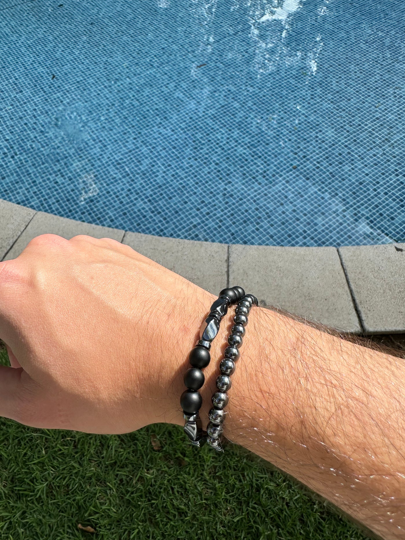 Two-Piece Silver & Obsidian Beaded Bracelet